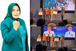 Wali Kota Baubau La Ode Ahmad Monianse Bersama Lurah Melai Alimuddin saat menerima Tropi Juara 1 Lomba Kelurahan Se Sulawesi Tenggara di Kendari Senin (5/9) Inset : Ketua TP PKK Kota Baubau Wa Ode Nursanti Monianse